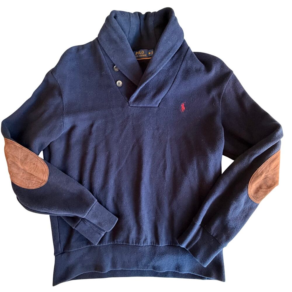 Polo Ralph Lauren Shawl-Collar Pullover Sweater navy blue medium leather elbow